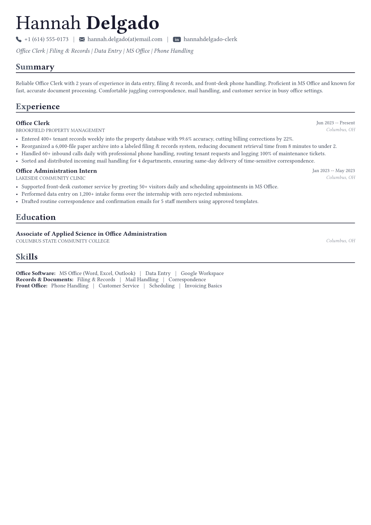 Office Clerk resume example