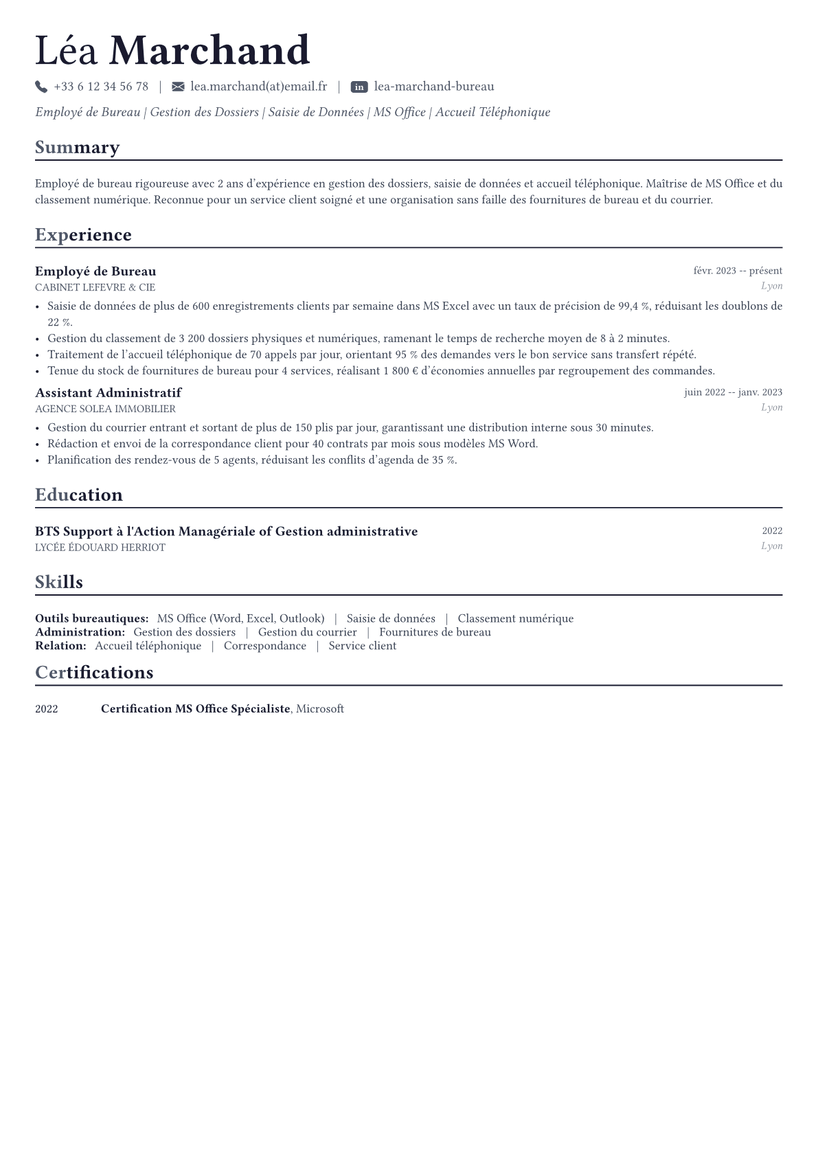 Office Clerk exemple de CV