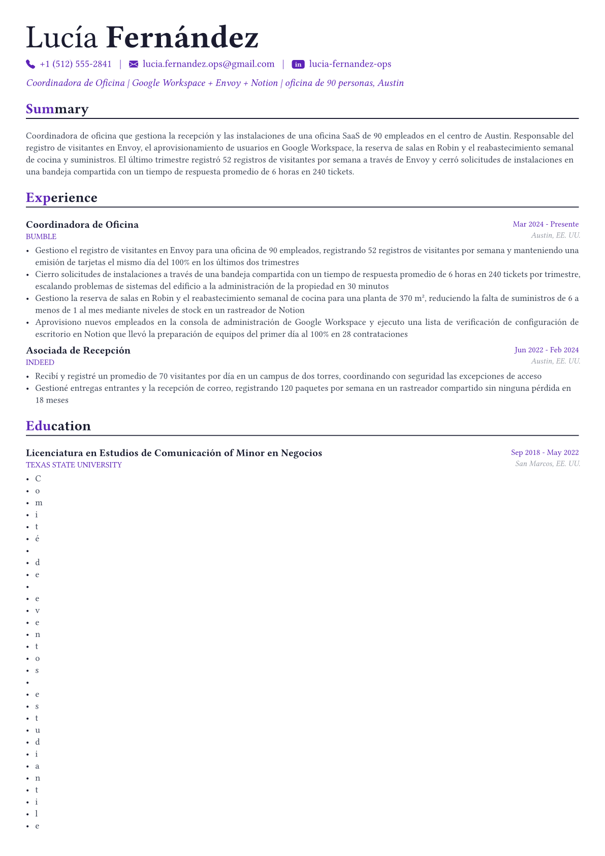 Office Manager ejemplo de CV