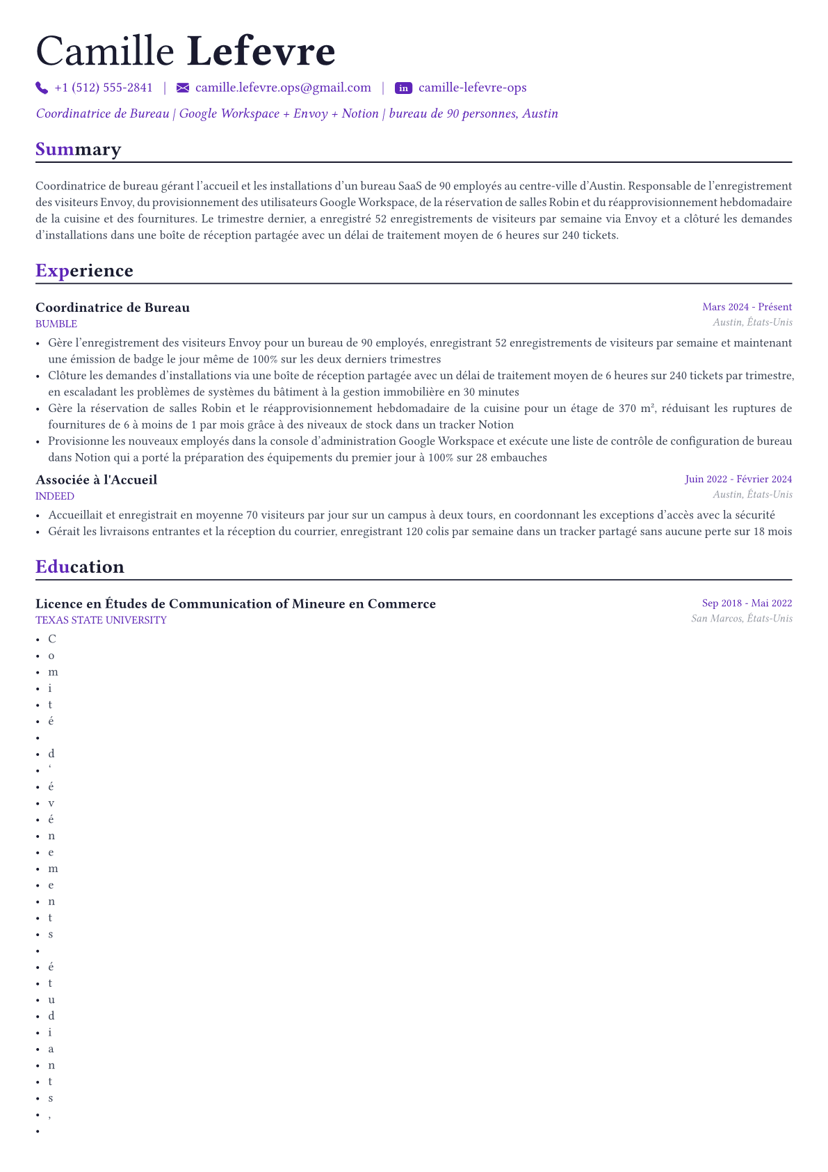 Office Manager exemple de CV