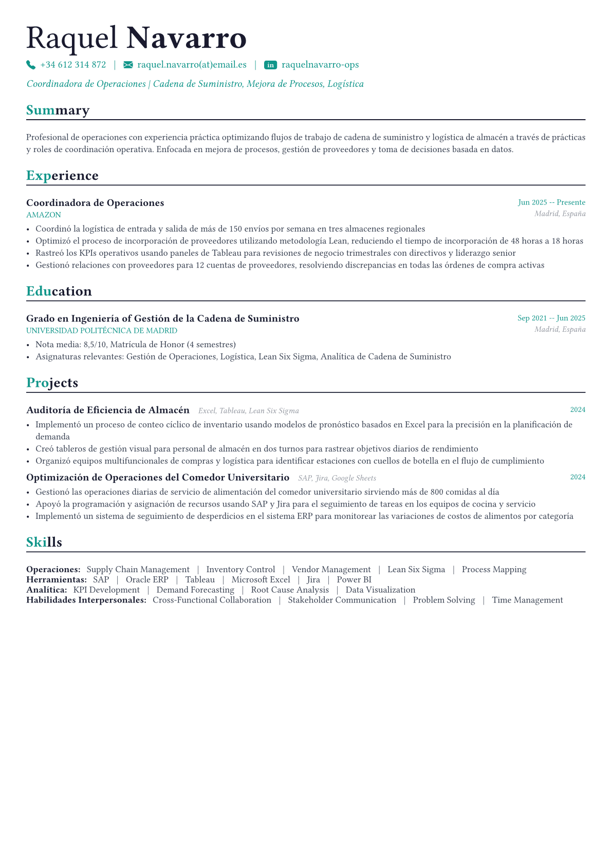 Operations Manager ejemplo de CV