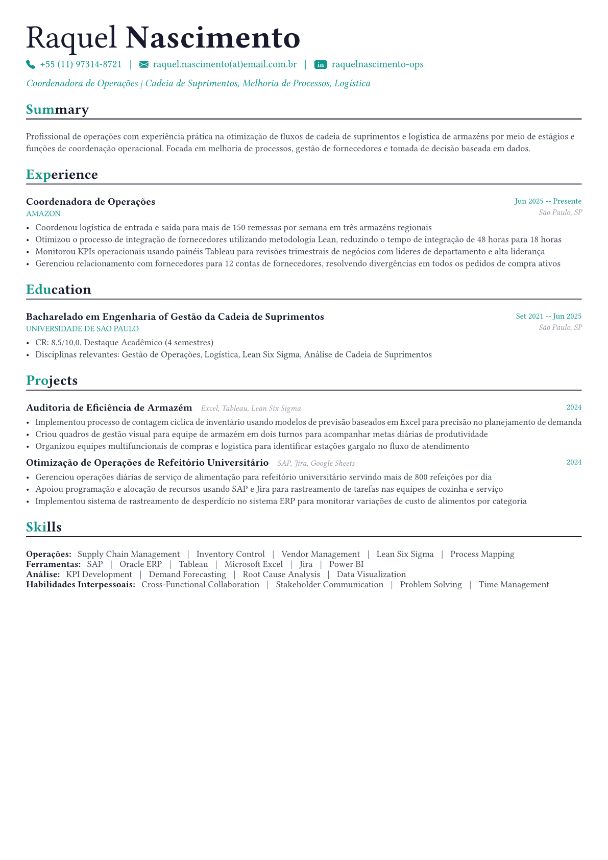 Operations Manager exemplo de currículo