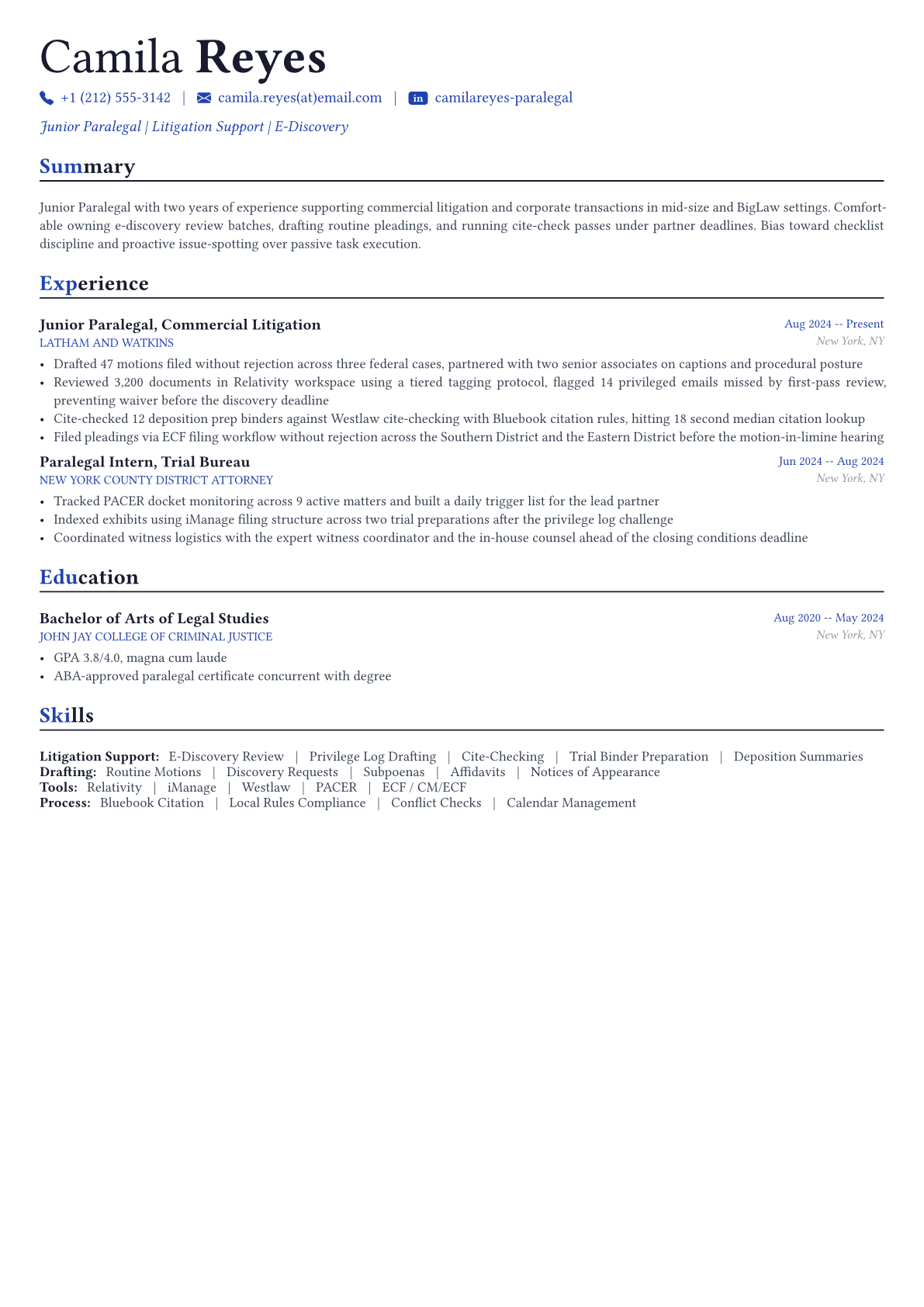 Paralegal resume example