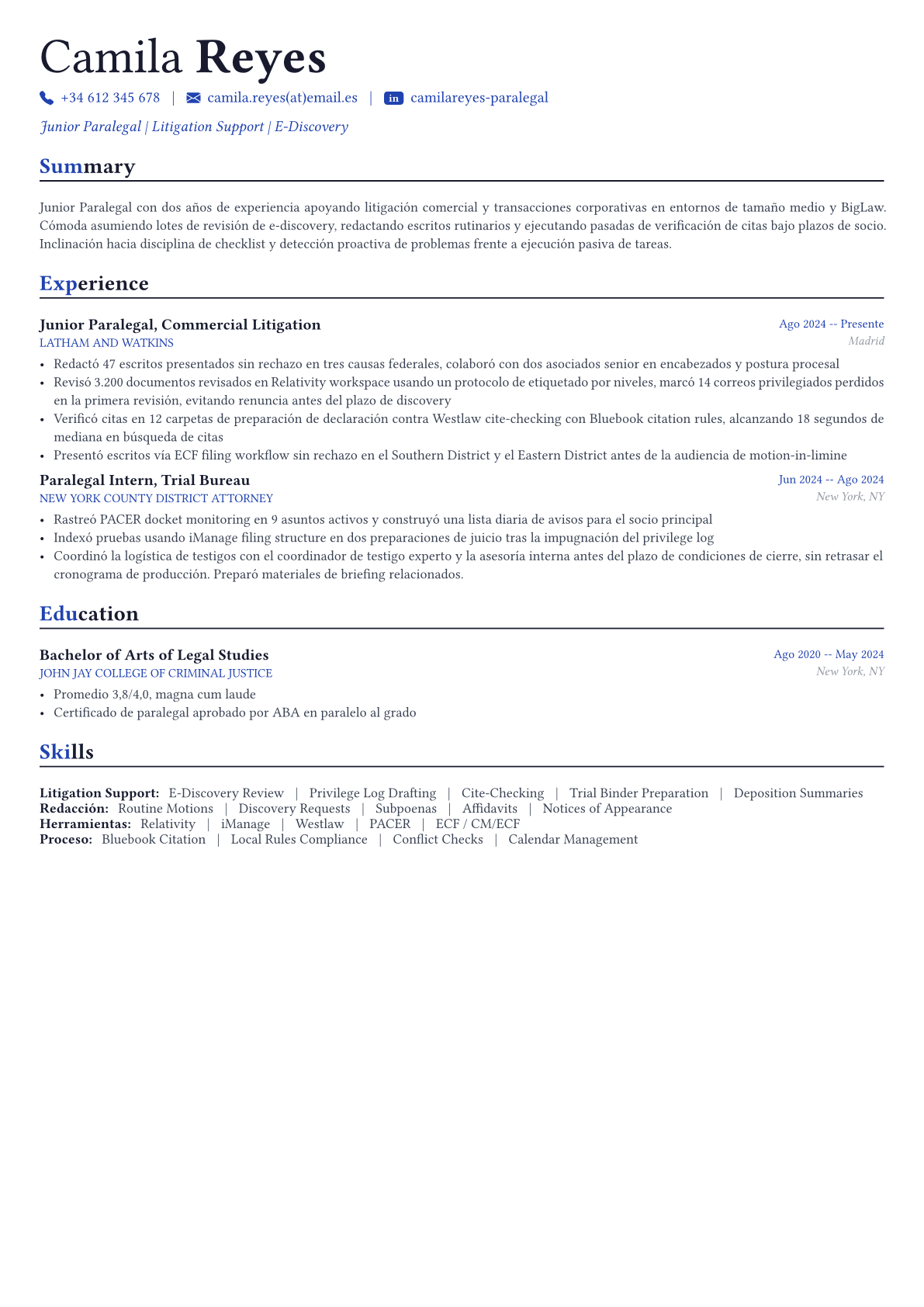 Paralegal ejemplo de CV