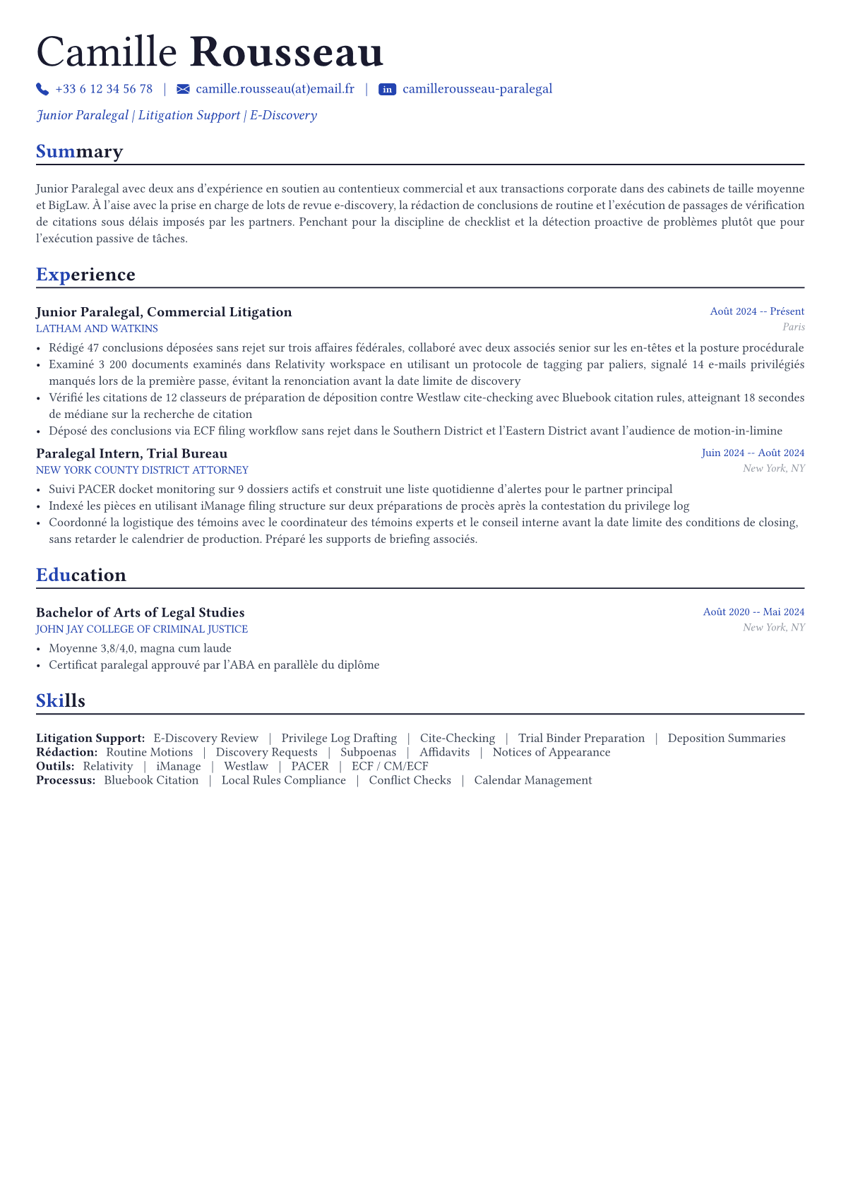 Paralegal exemple de CV