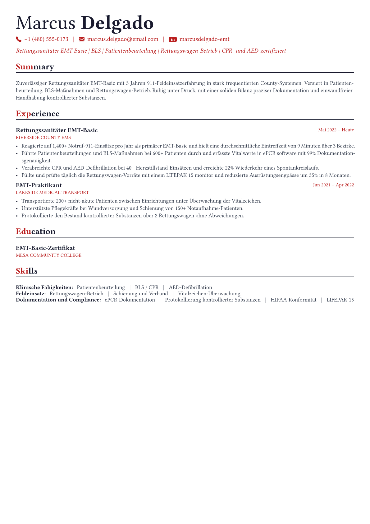 Paramedic Lebenslauf-Beispiel
