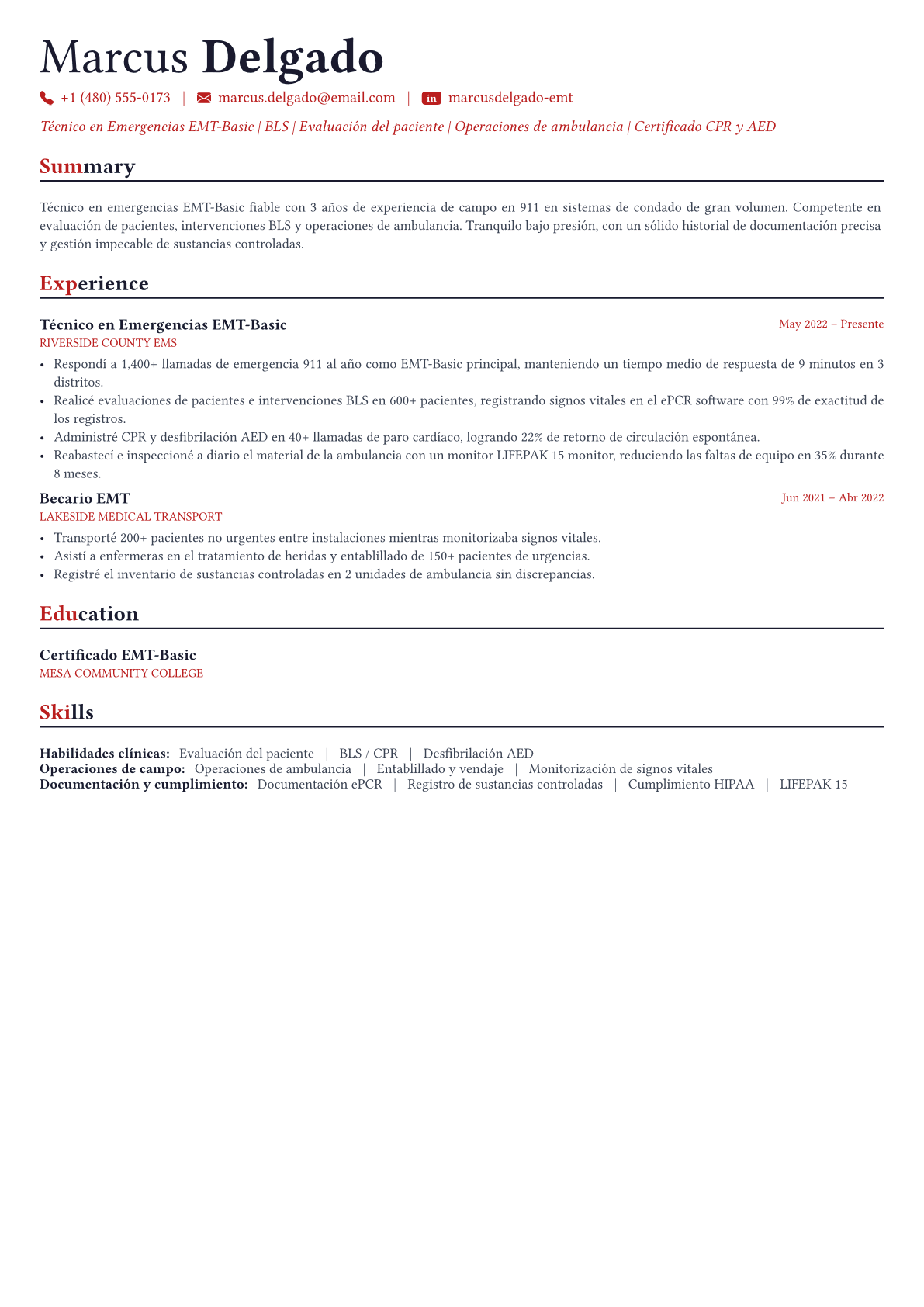 Paramedic ejemplo de CV