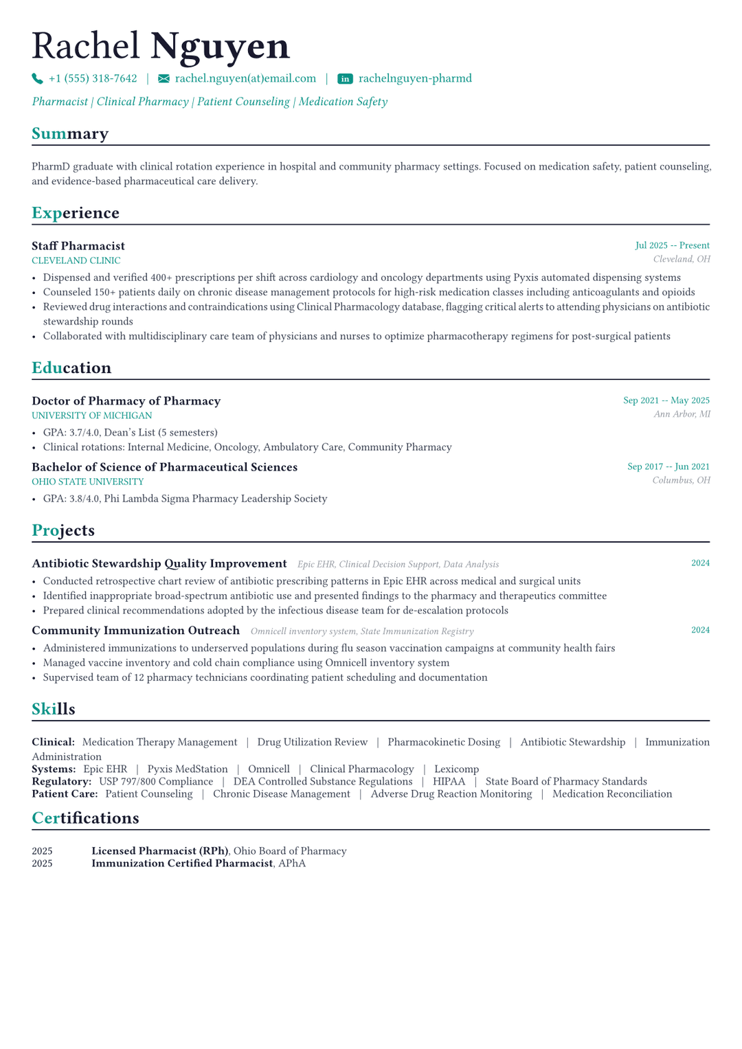Pharmacist resume example