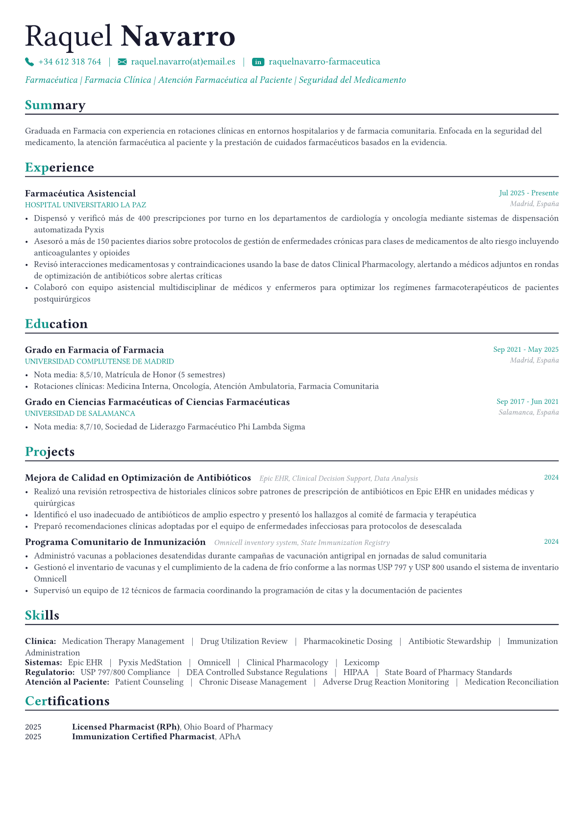 Pharmacist ejemplo de CV