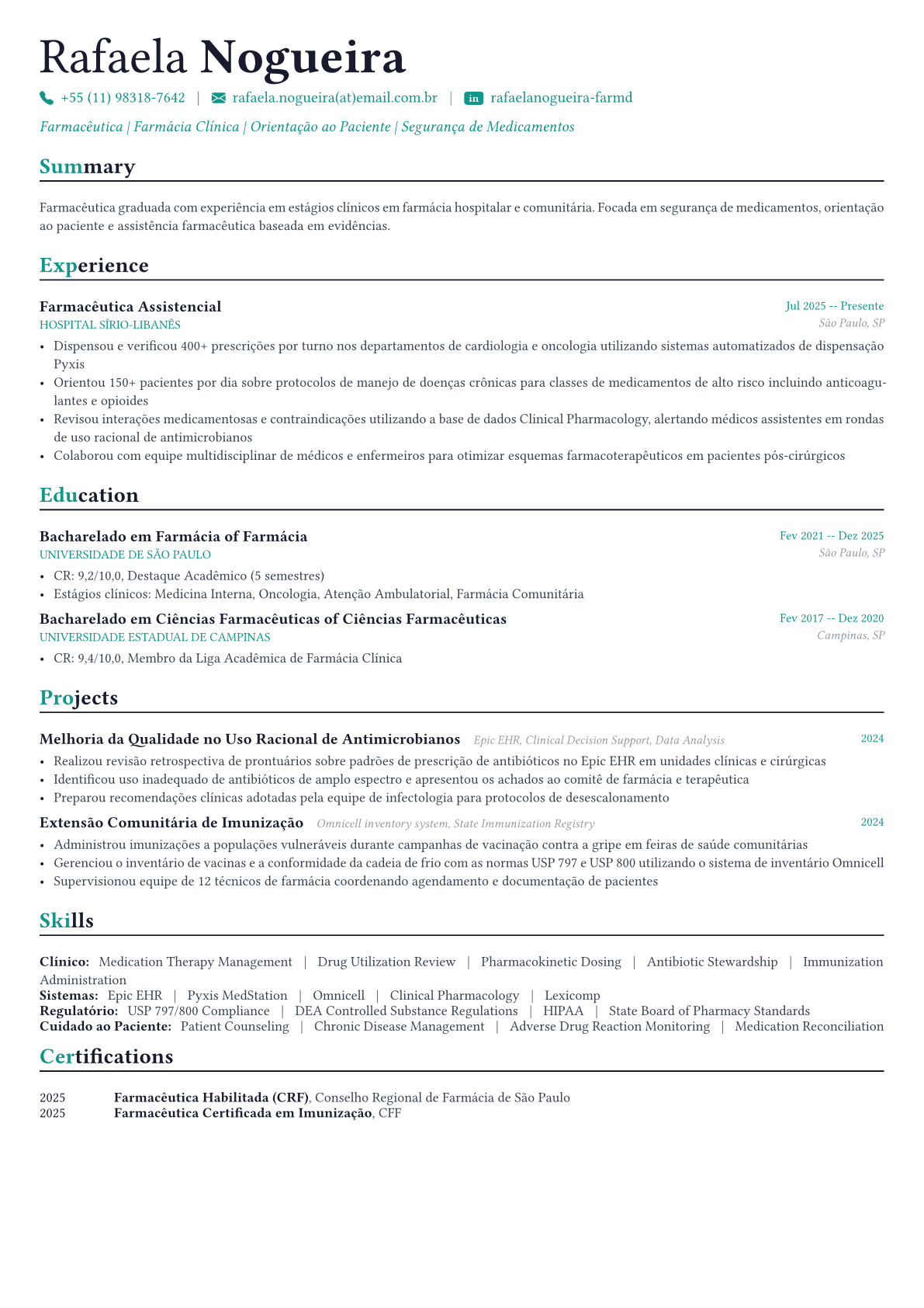 Pharmacist exemplo de currículo
