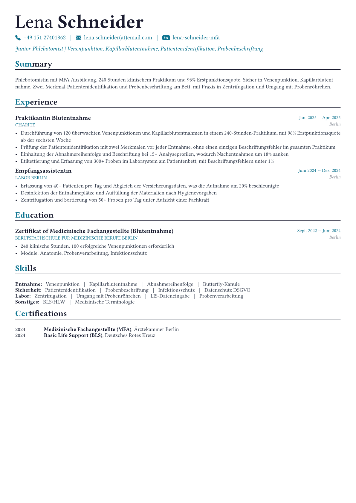 Phlebotomist Lebenslauf-Beispiel