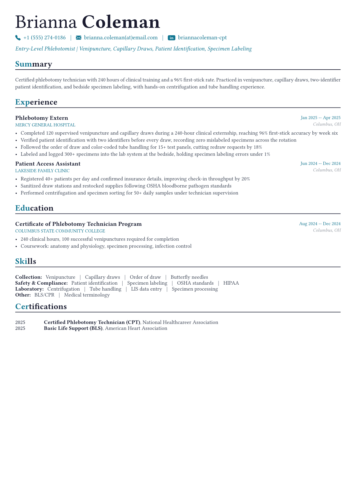 Phlebotomist resume example
