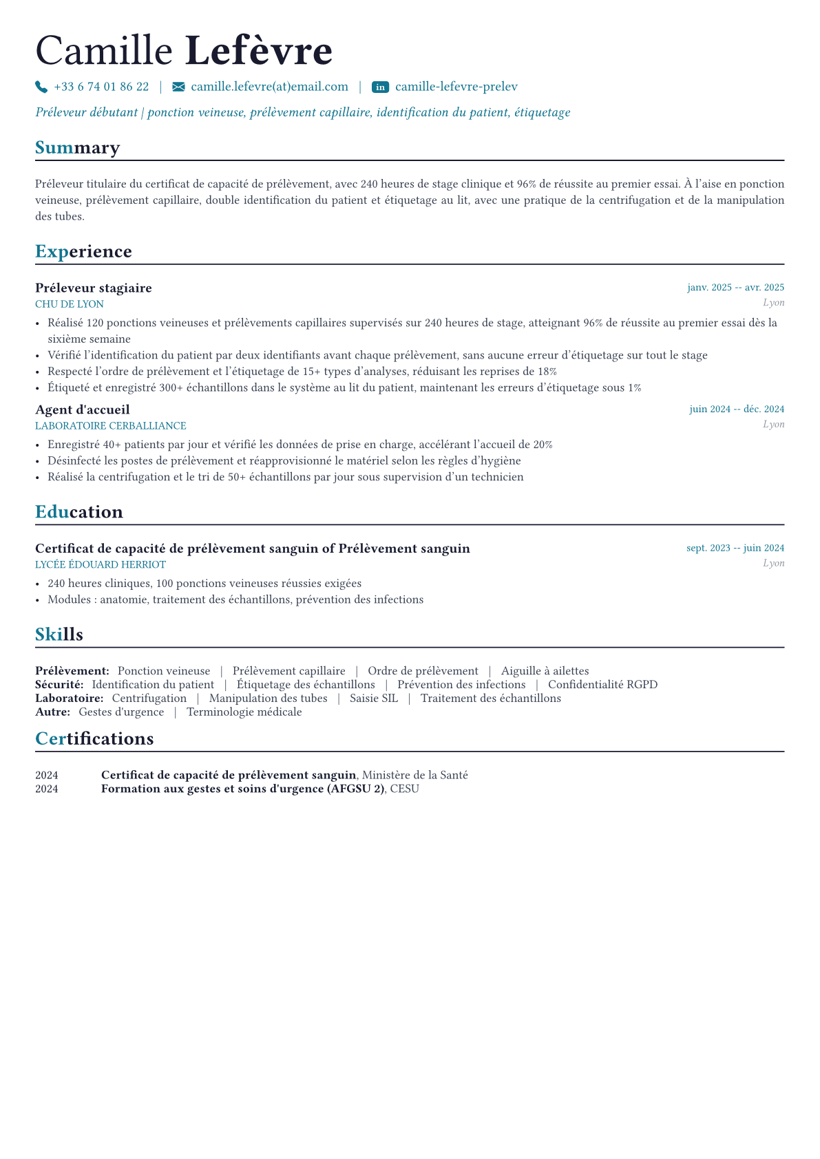Préleveur exemple de CV