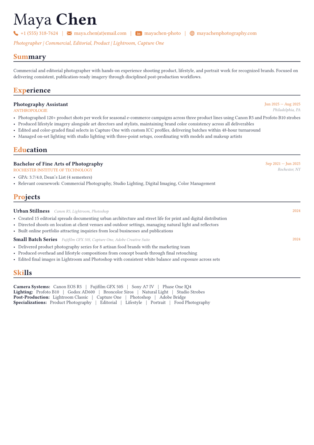 Photographer resume example