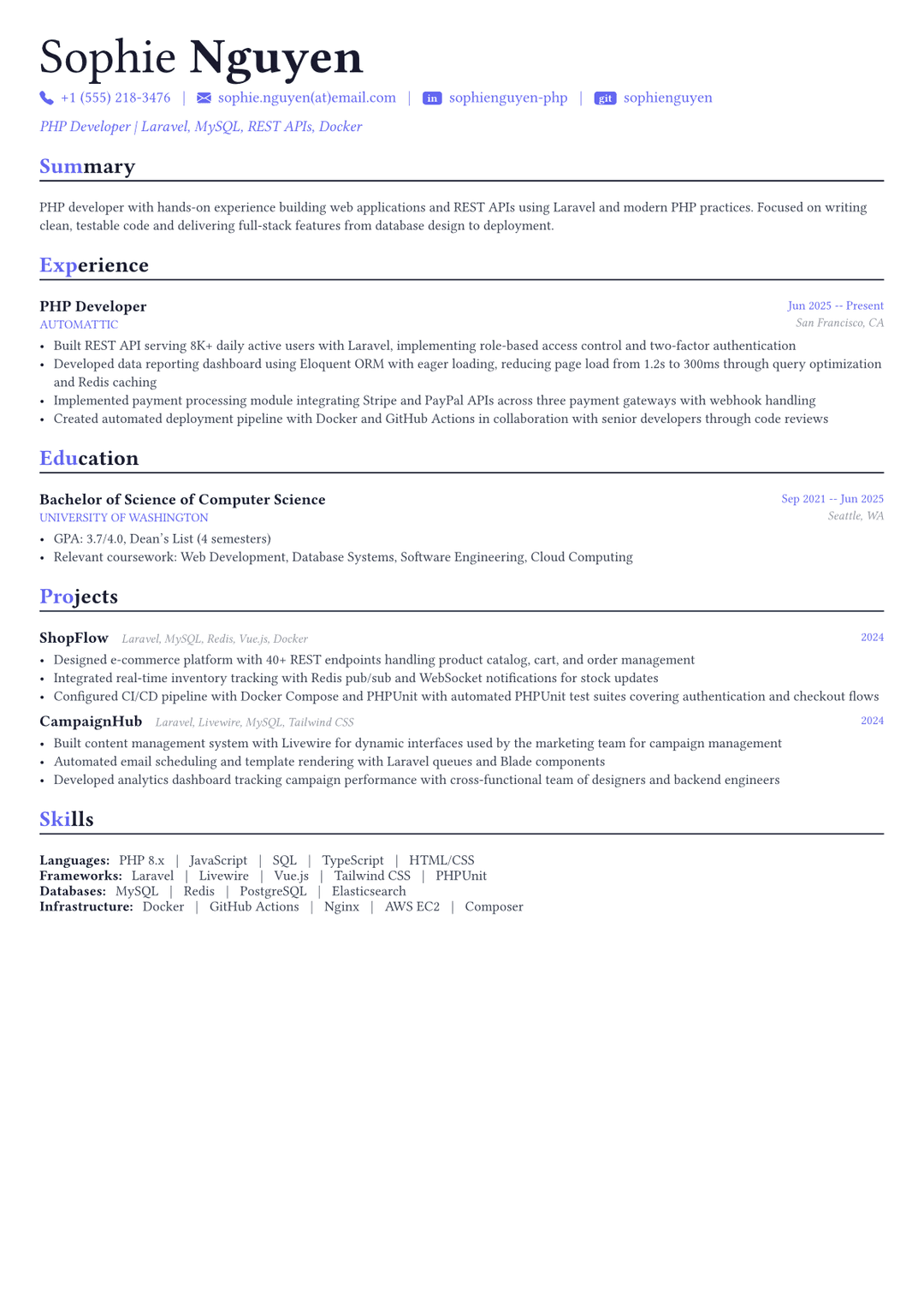 PHP Developer resume example