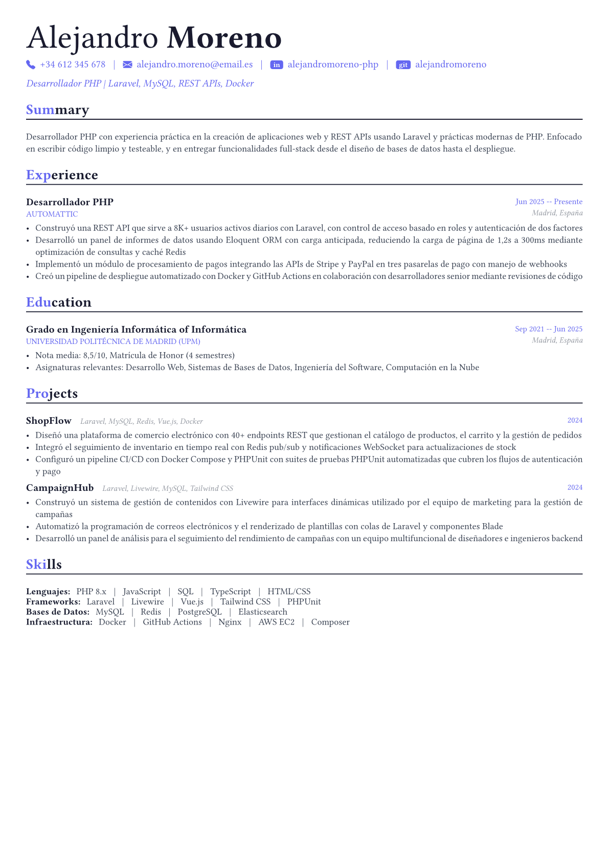 PHP Developer ejemplo de CV