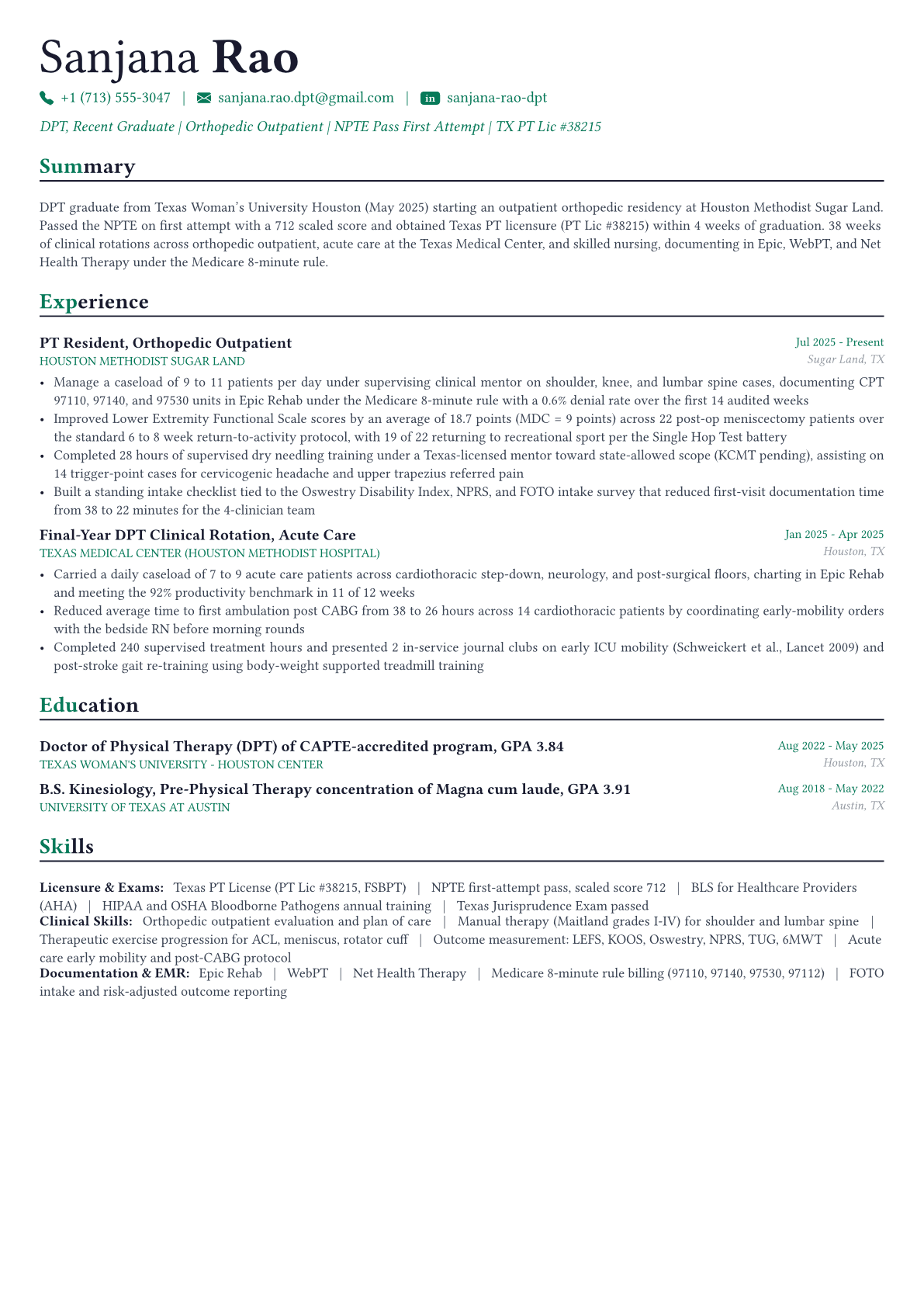 Physical Therapist resume example