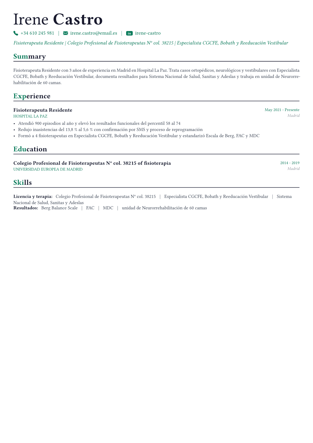 Physical Therapist ejemplo de CV