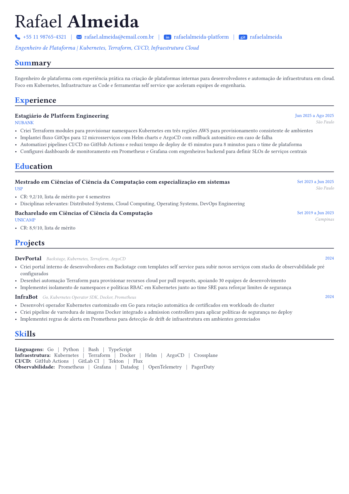 Platform Engineer exemplo de currículo