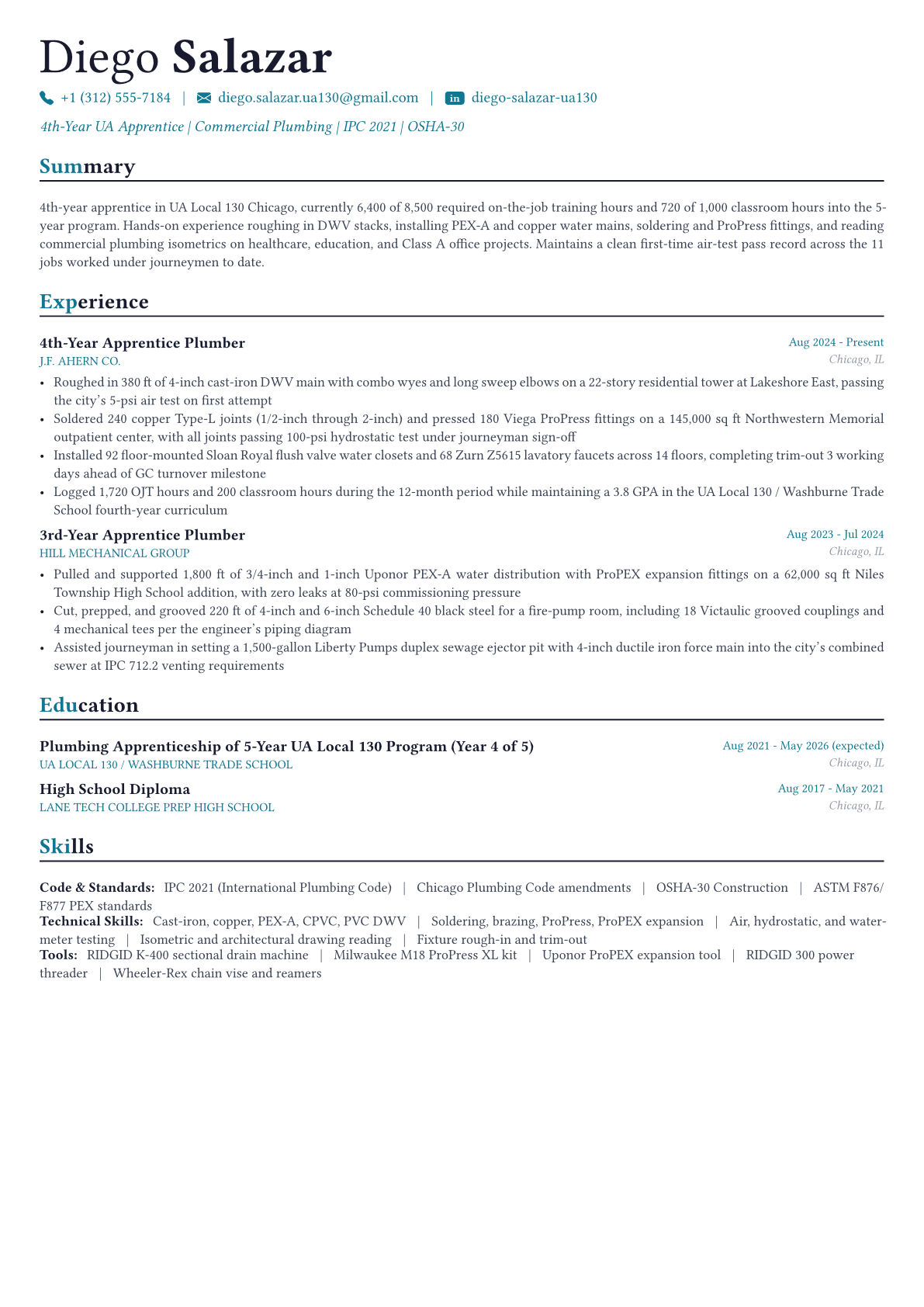 Plumber resume example