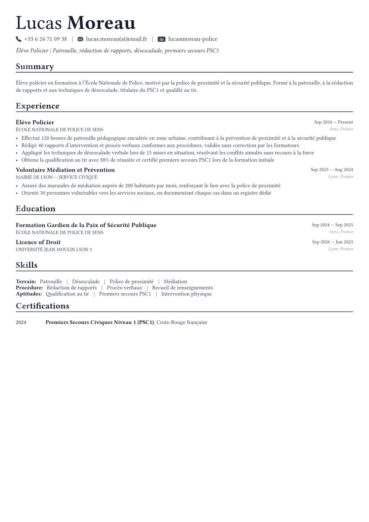 Policier exemple de CV
