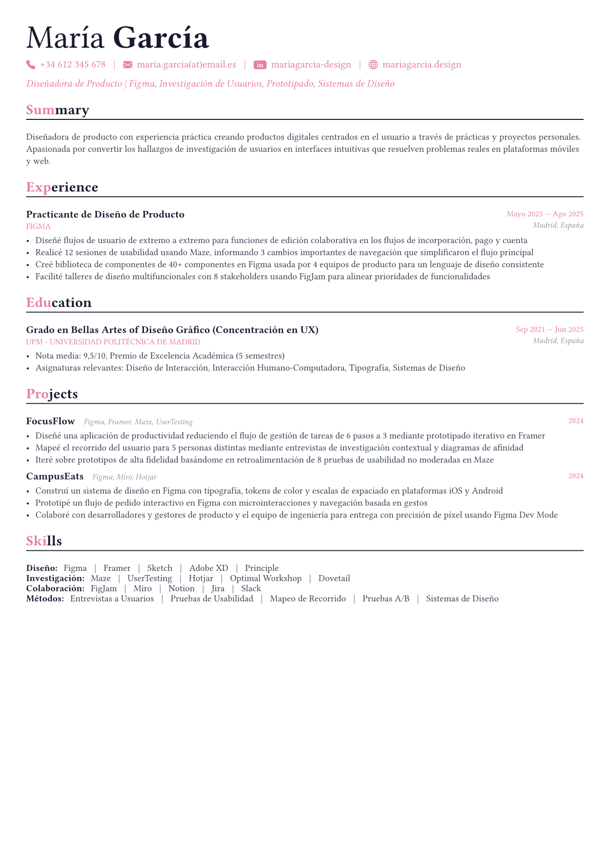 Product Designer ejemplo de CV