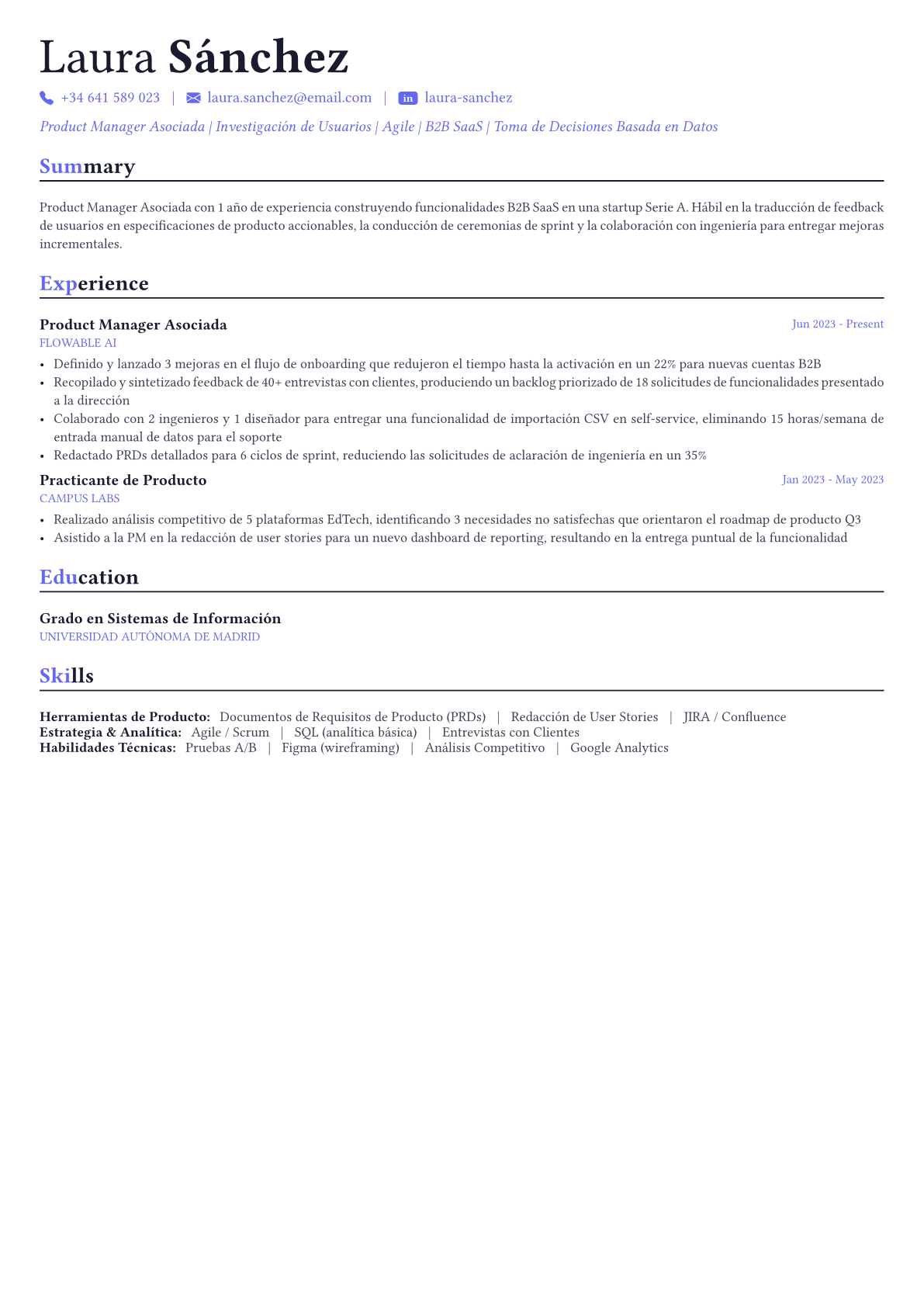 Product Manager ejemplo de CV