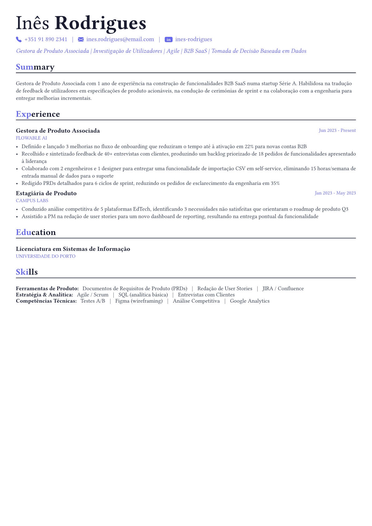 Product Manager exemplo de currículo