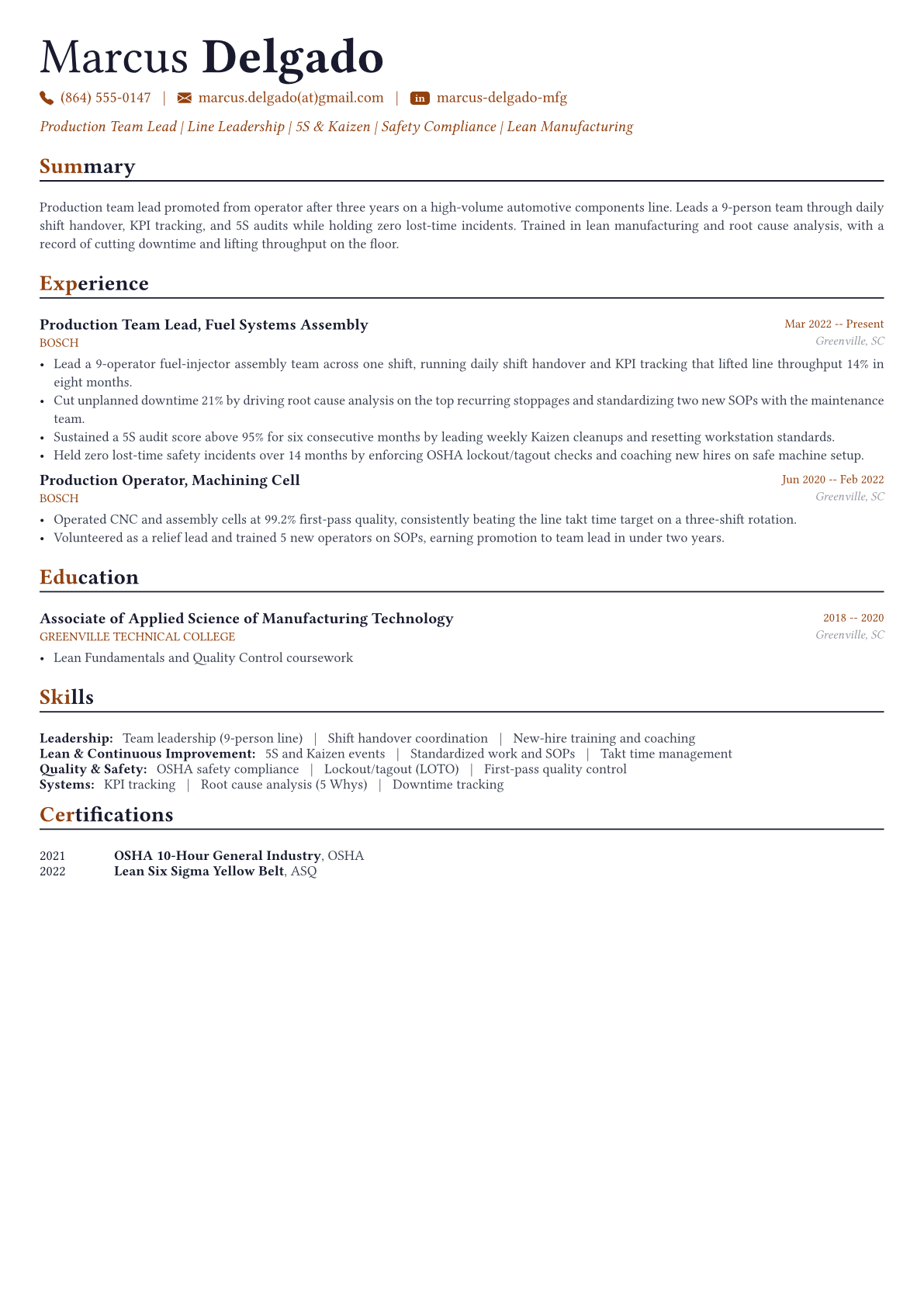 Production Supervisor resume example