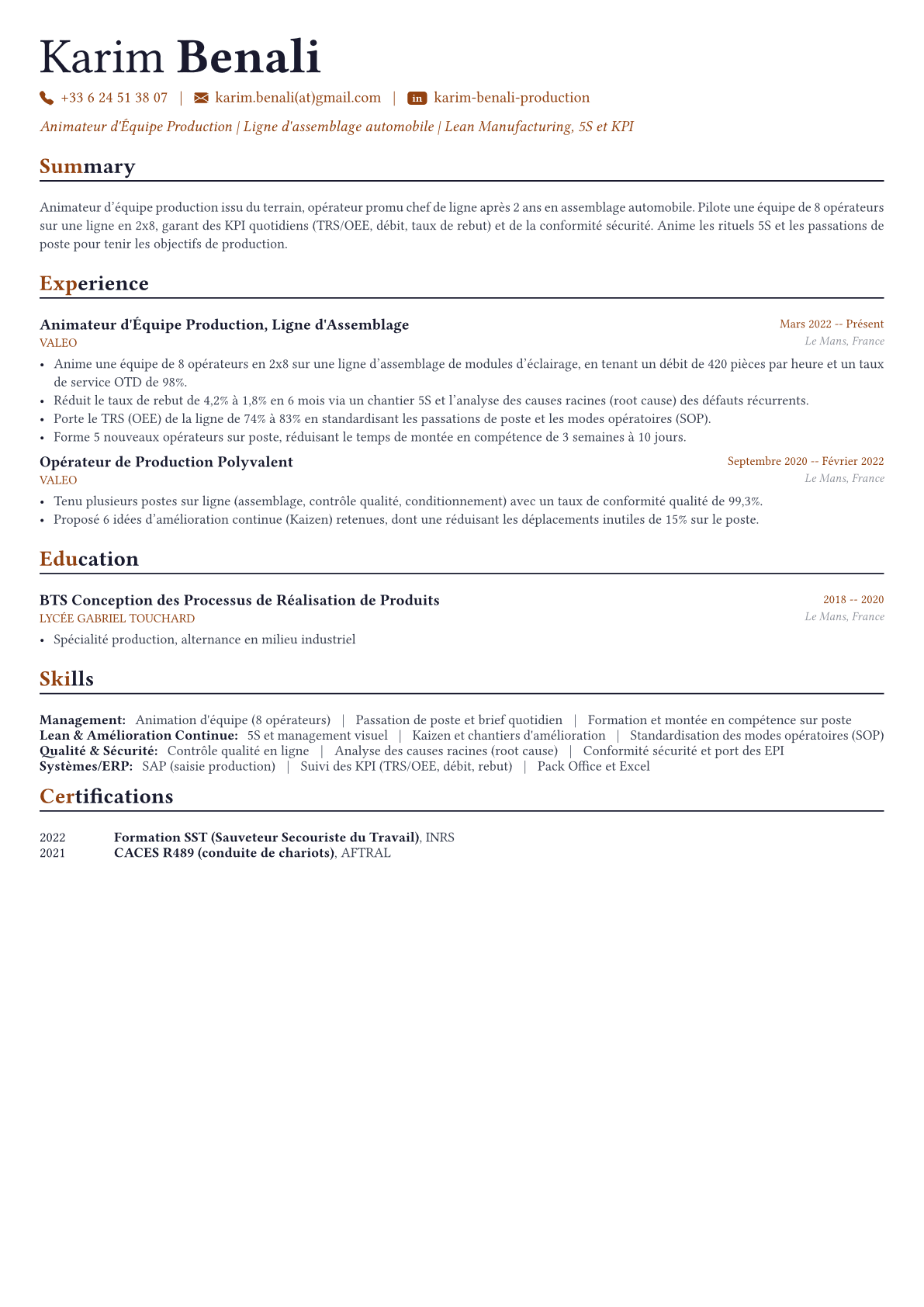 Chef d'équipe production exemple de CV