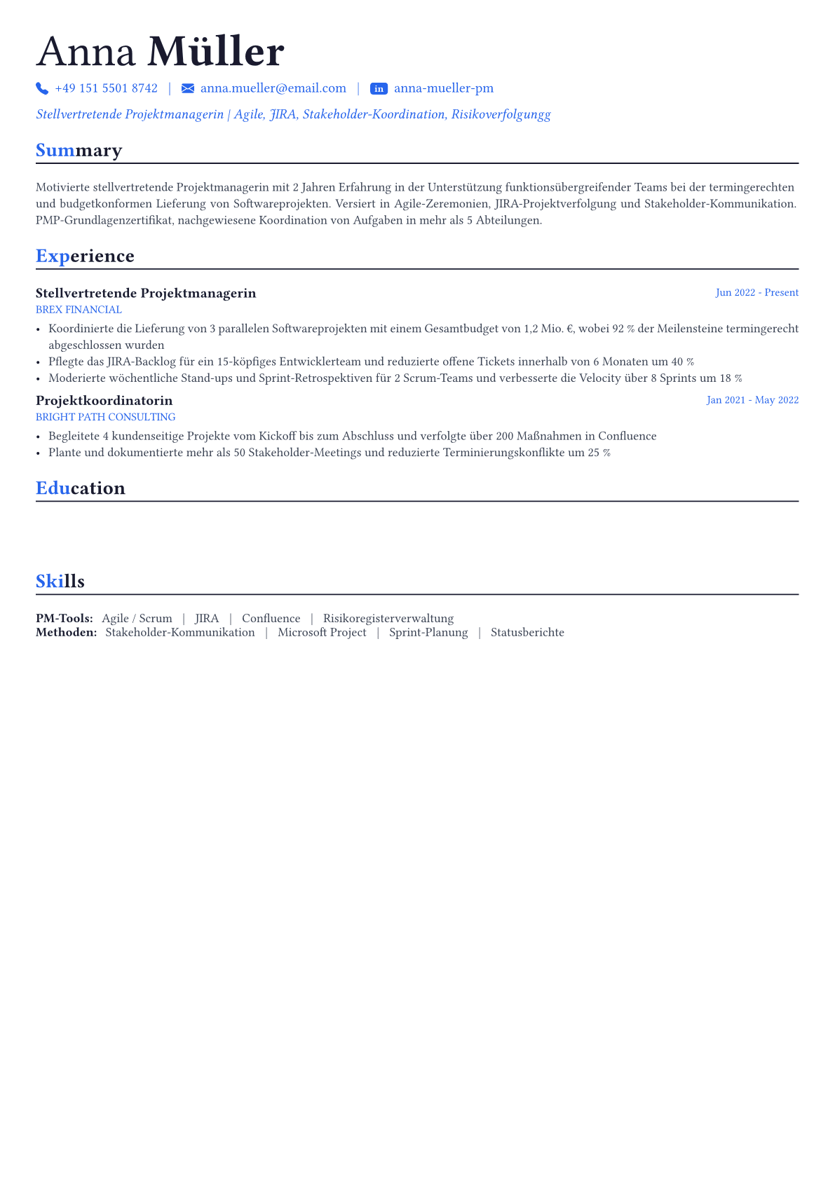 Project Manager Lebenslauf-Beispiel