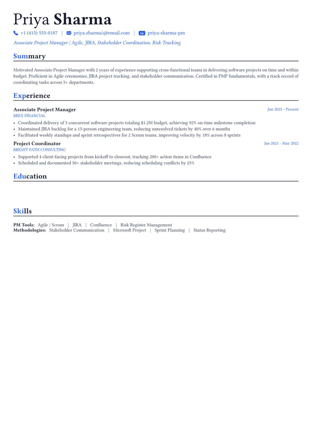 Project Manager resume example