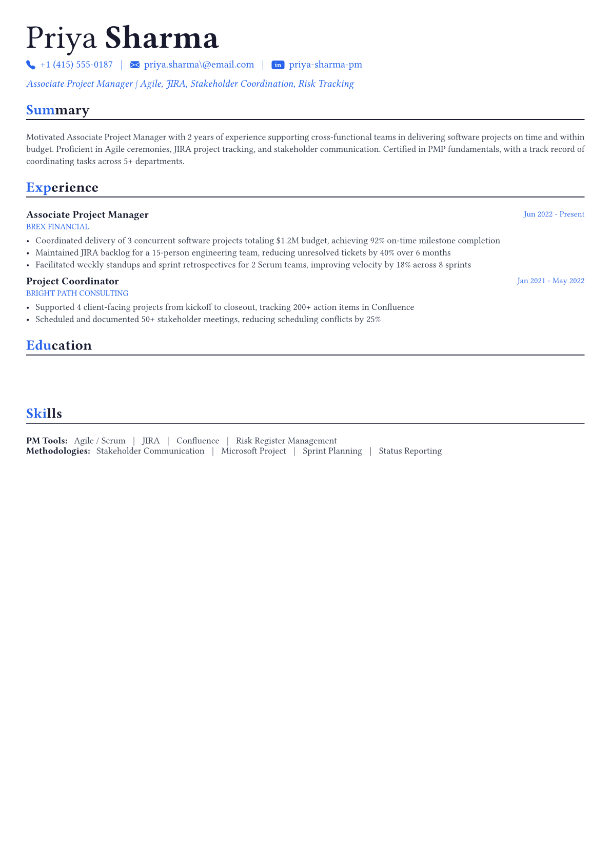 Project Manager resume example