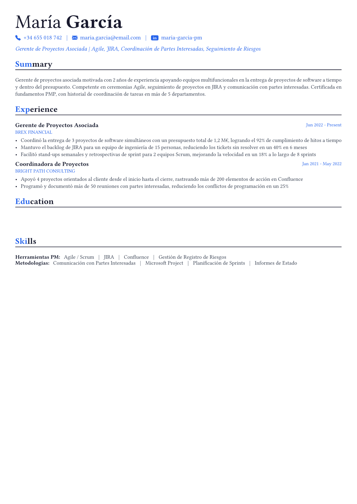 Project Manager ejemplo de CV