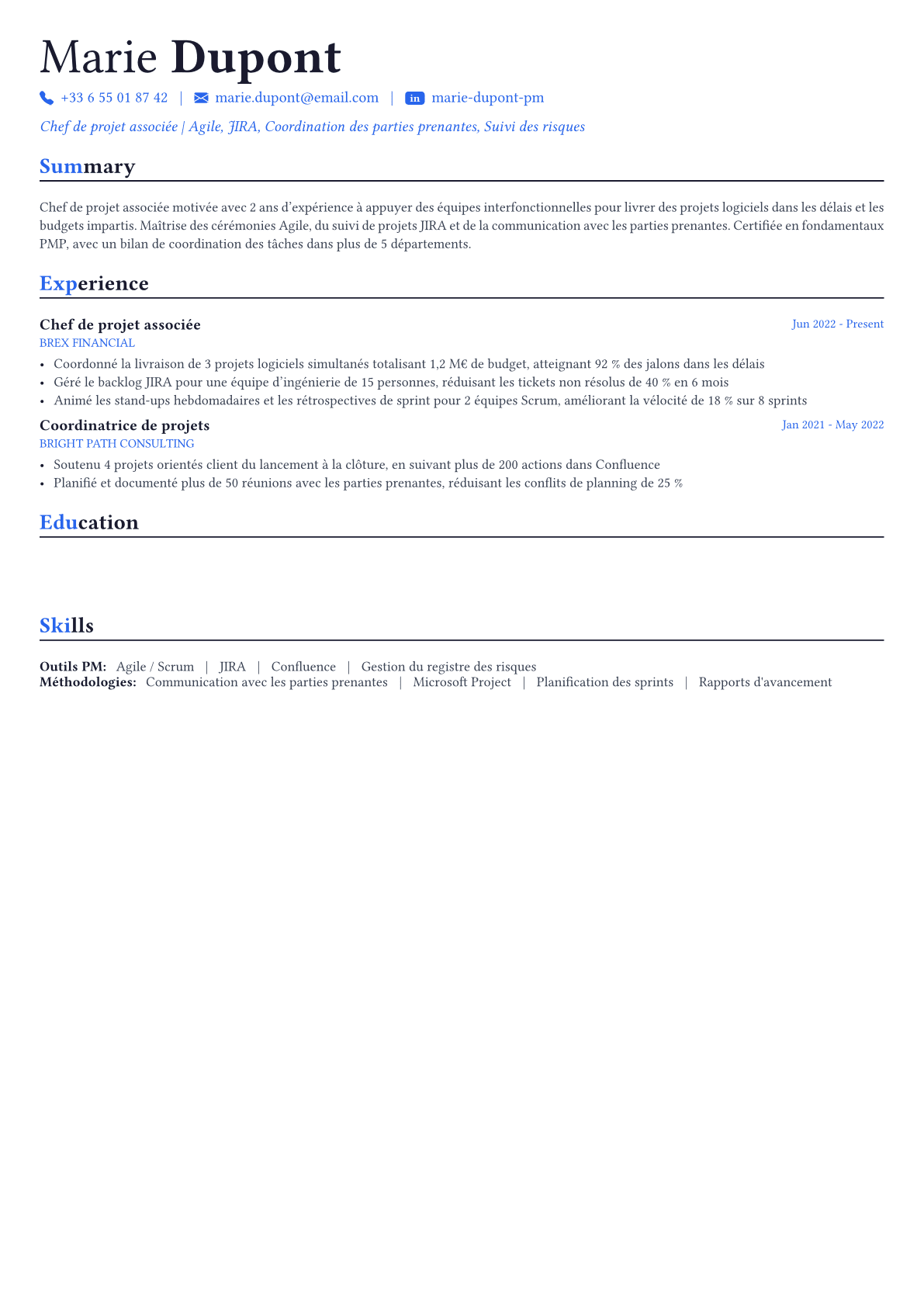 Project Manager exemple de CV