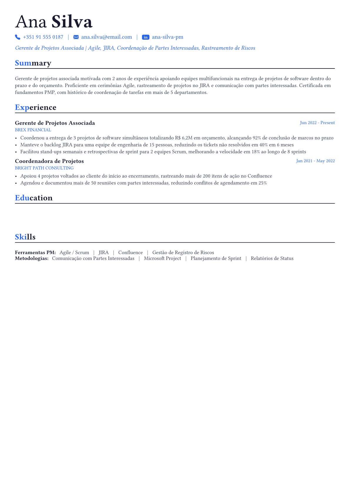 Project Manager exemplo de currículo
