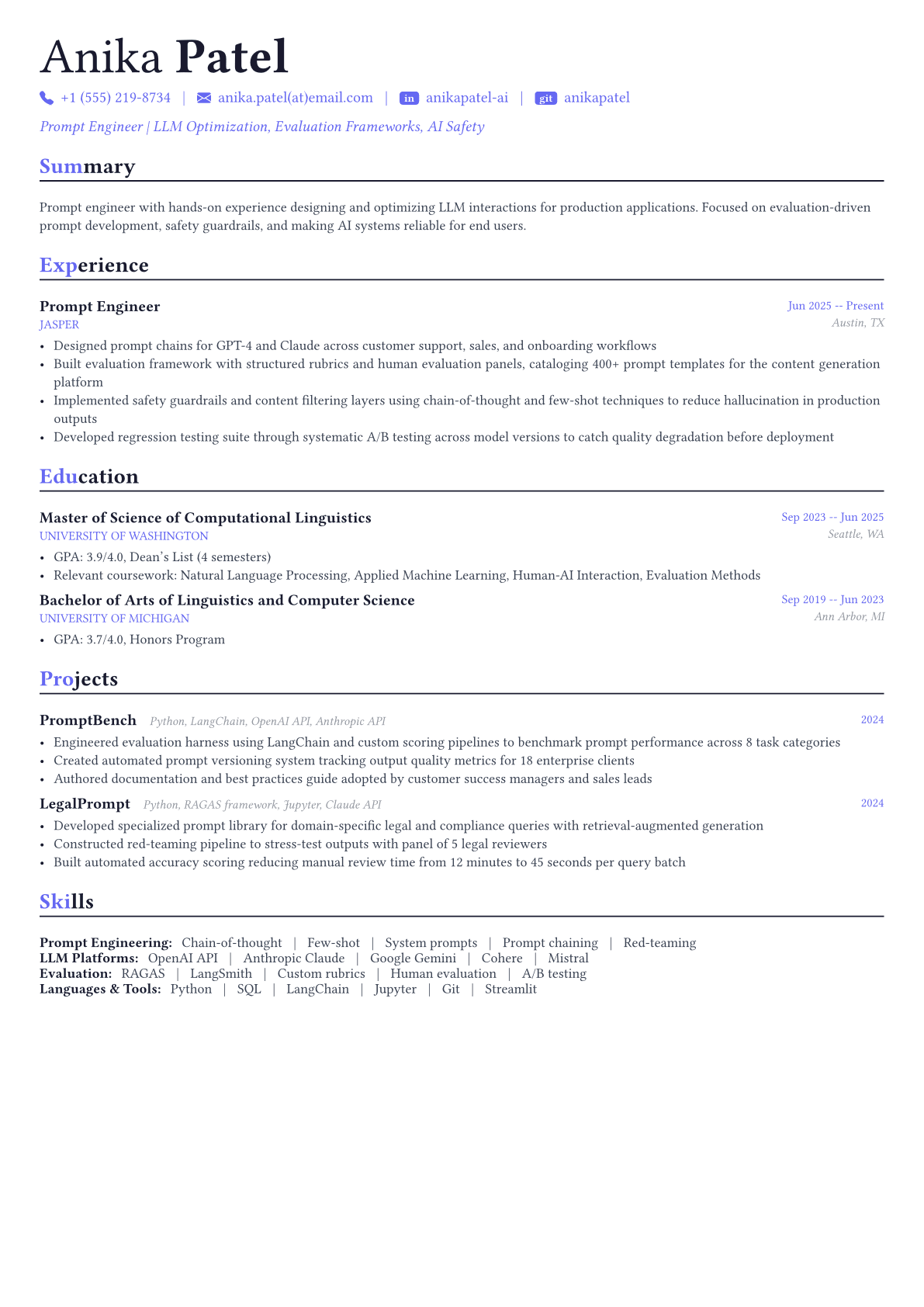 Prompt Engineer resume example