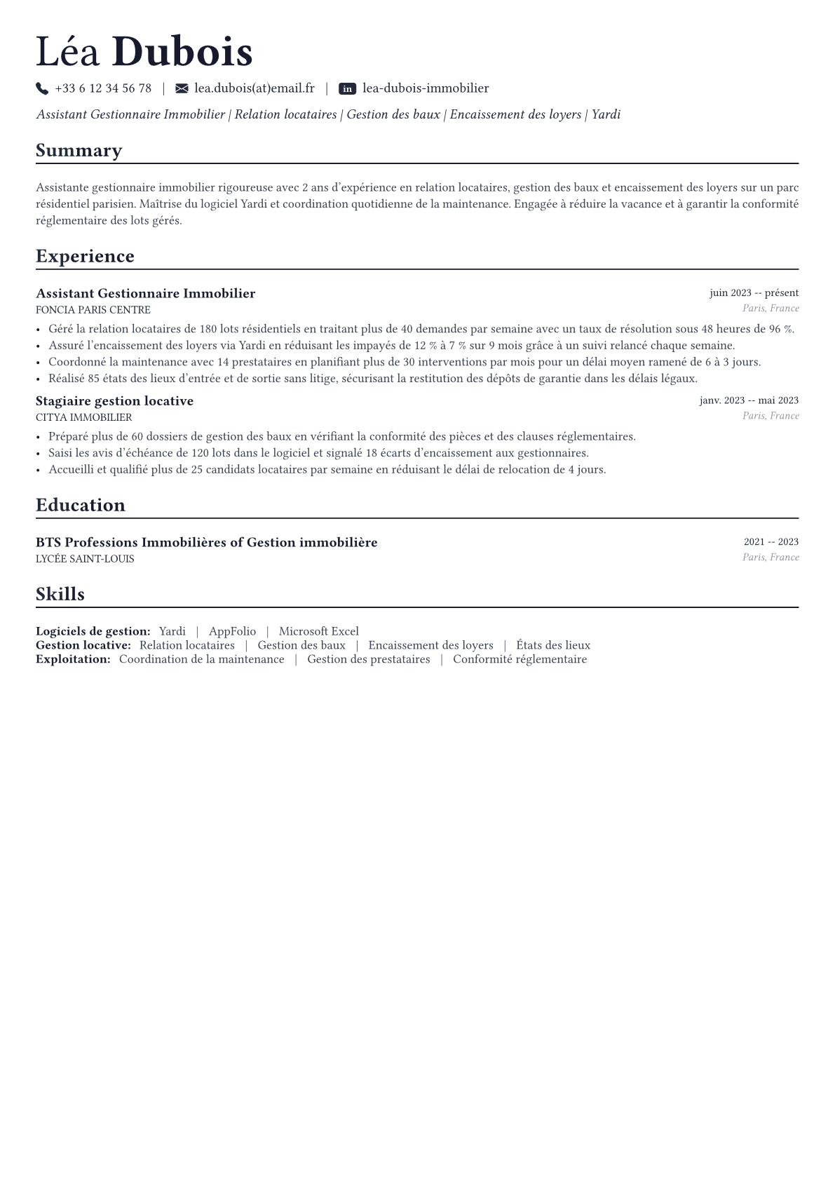 Gestionnaire Immobilier exemple de CV