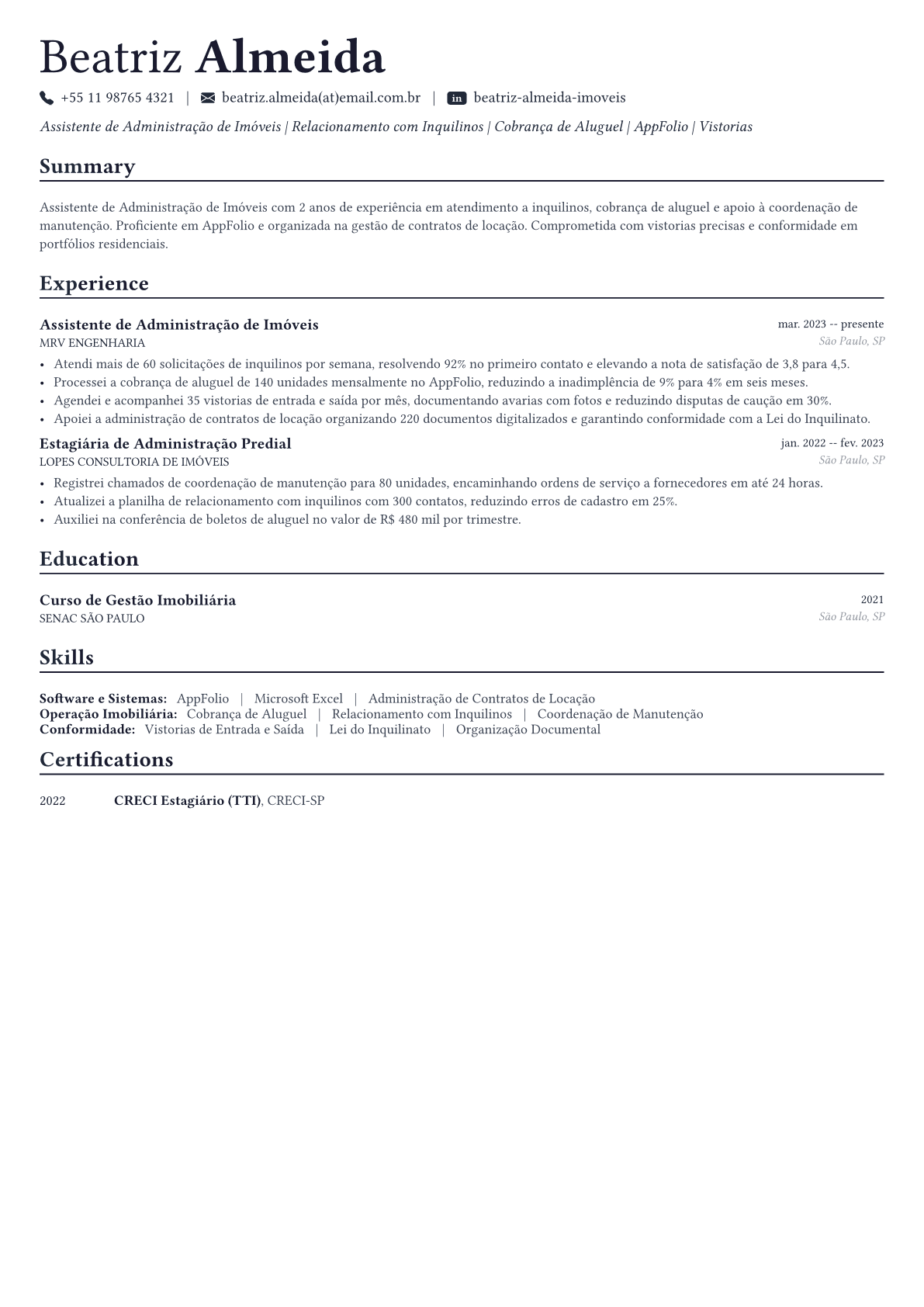 Administrador de Imóveis exemplo de currículo