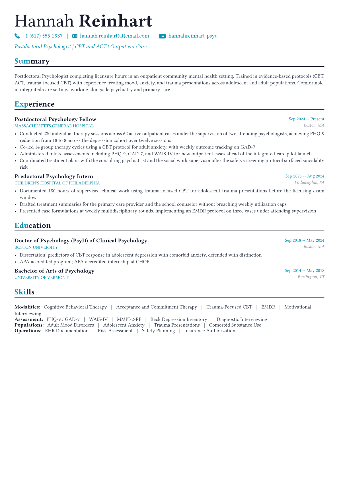 Psychologist resume example