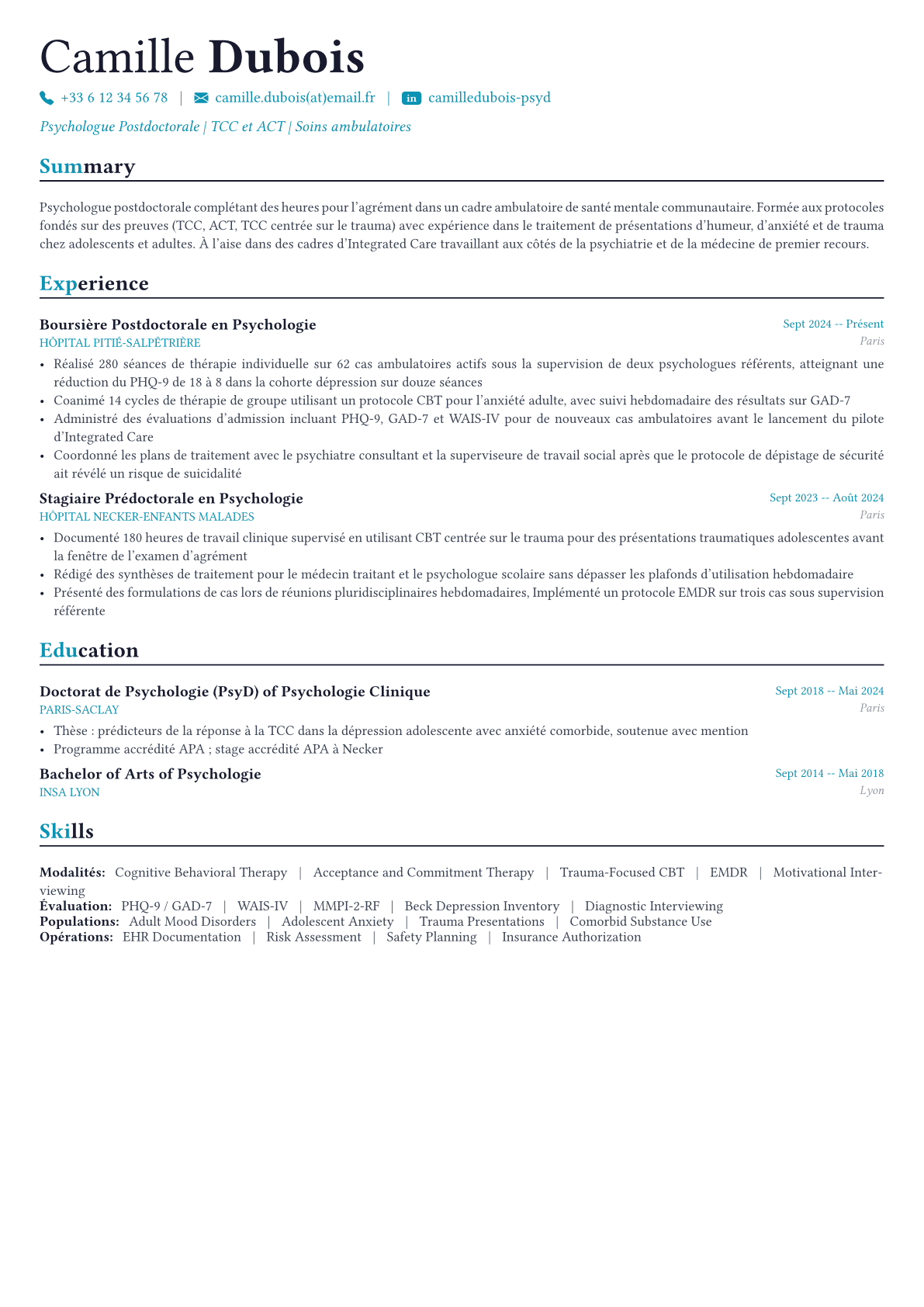 Psychologist exemple de CV