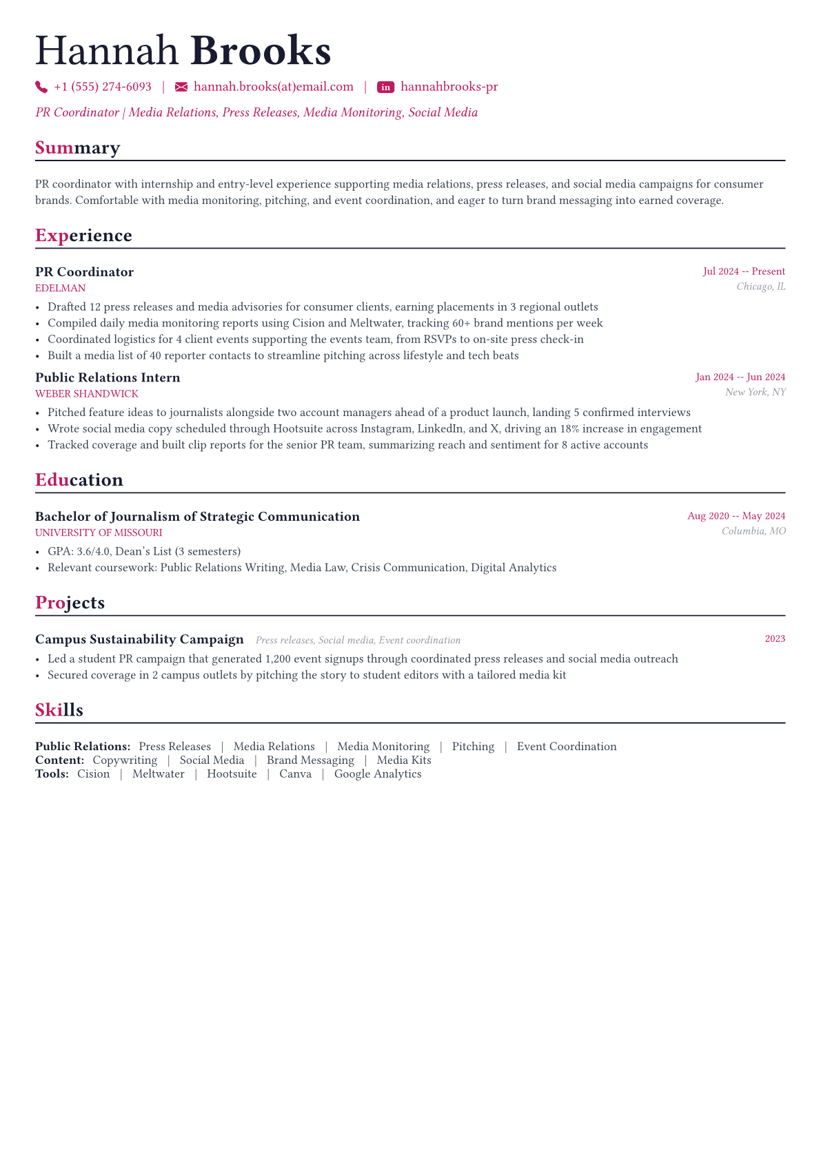 Public Relations Specialist resume example