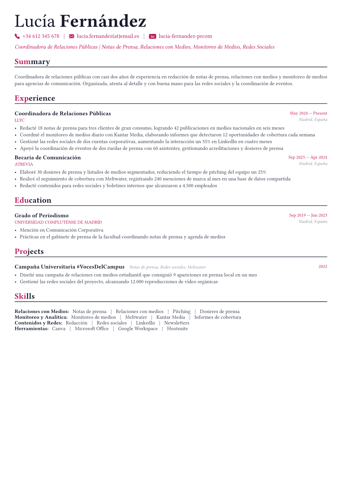 Especialista en Relaciones Públicas ejemplo de CV