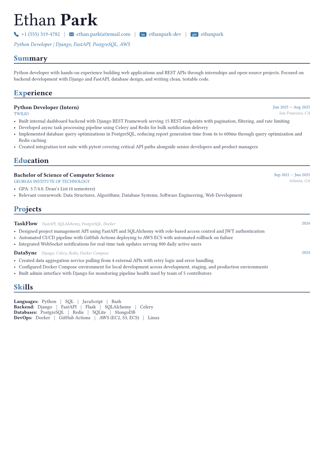 Python Developer resume example