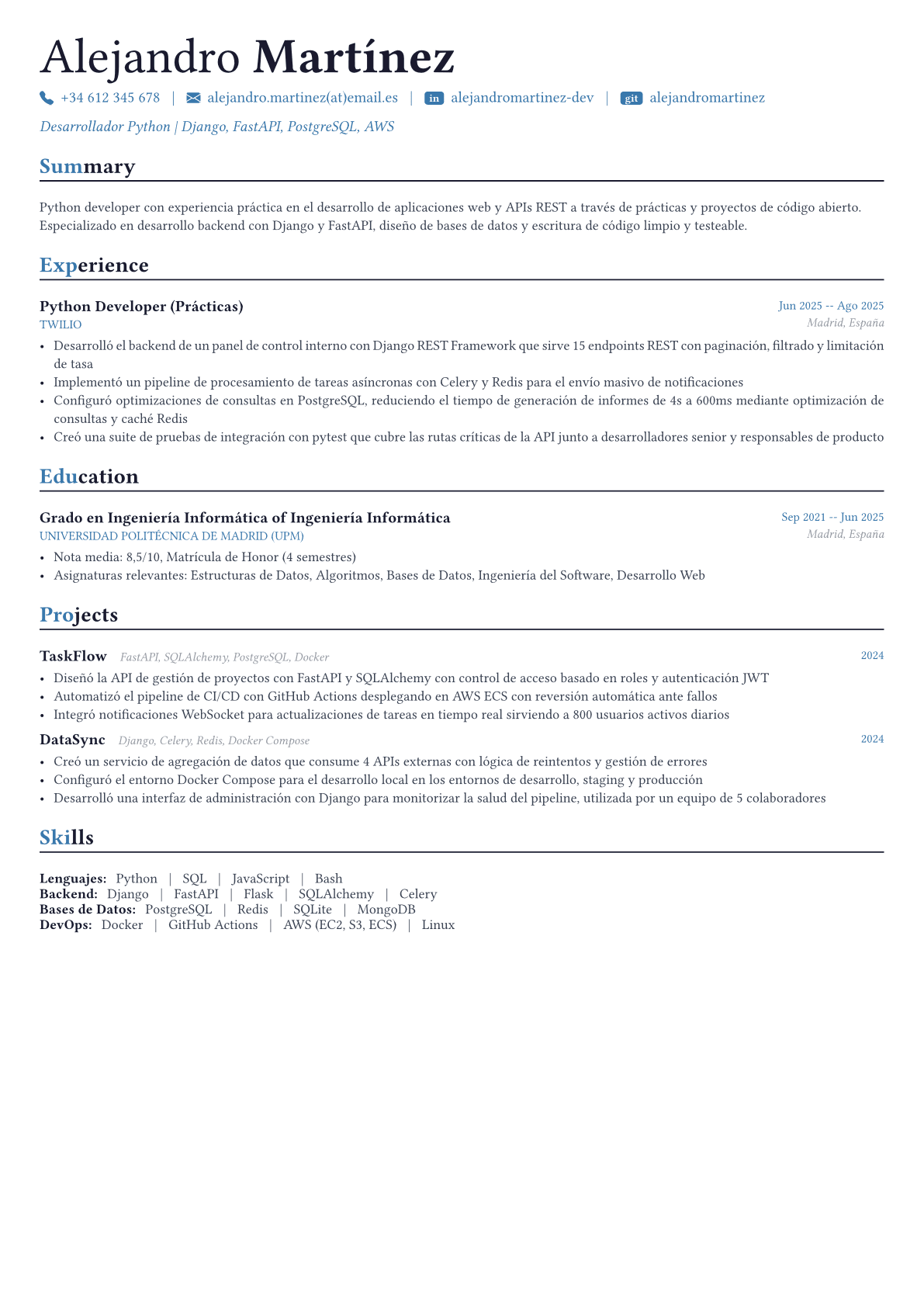 Python Developer ejemplo de CV