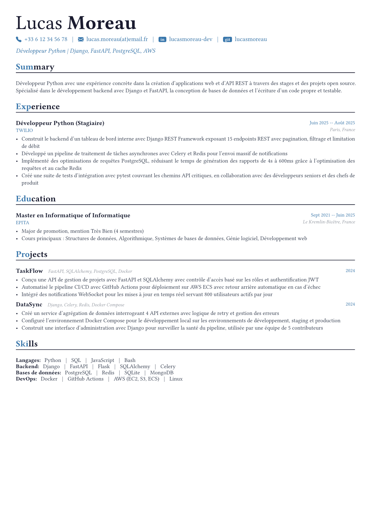 Python Developer exemple de CV