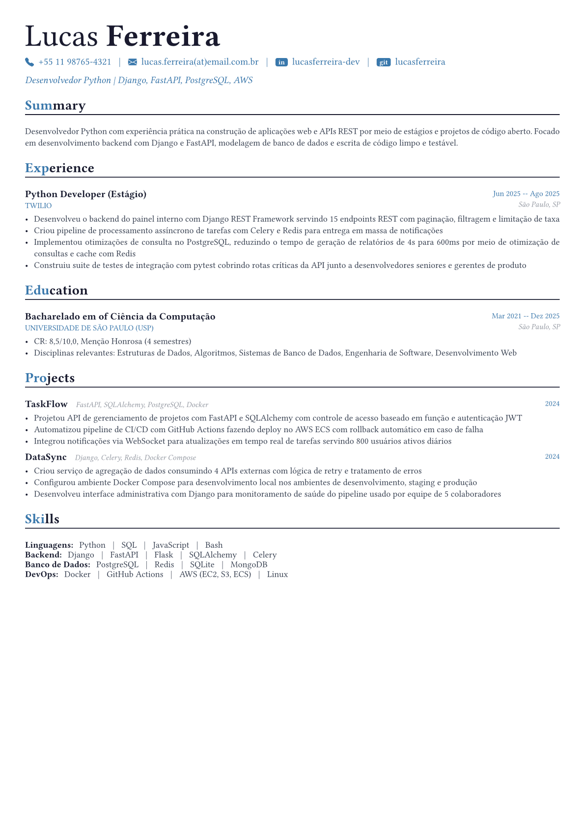 Python Developer exemplo de currículo