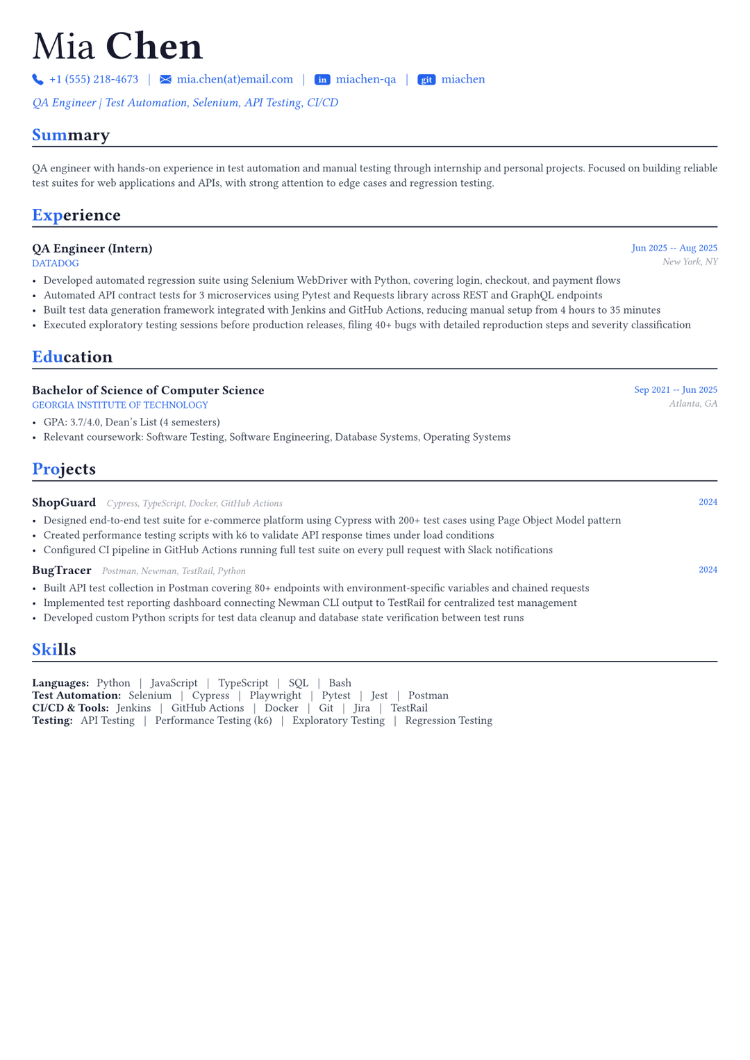 QA Engineer resume example