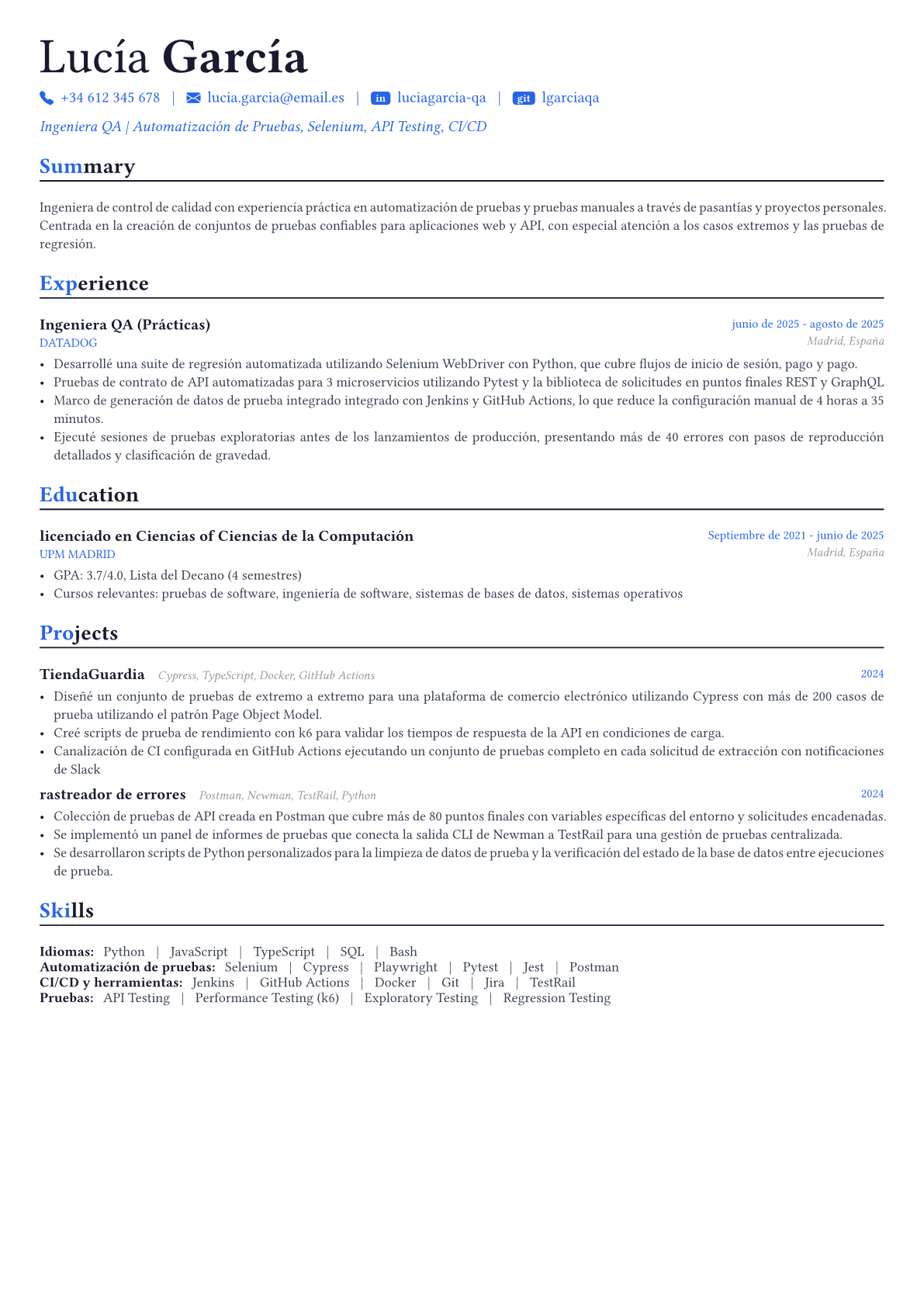 QA Engineer ejemplo de CV