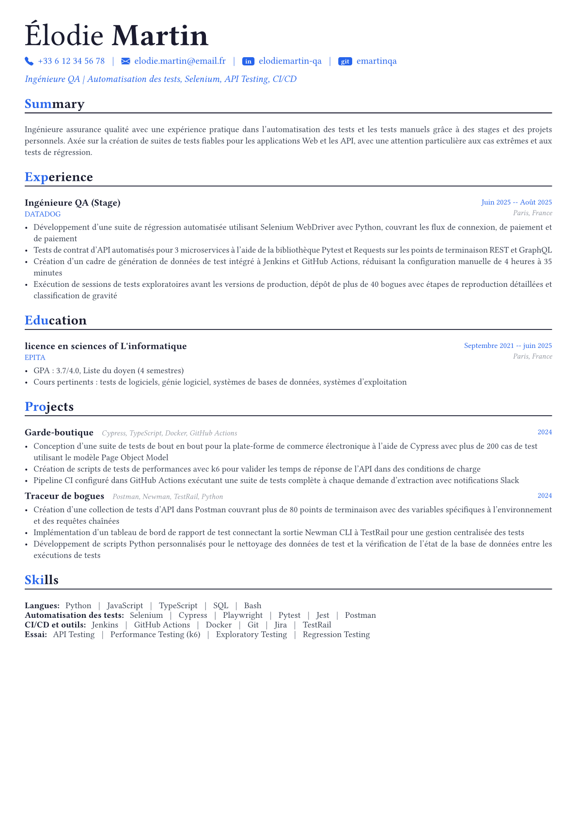 QA Engineer exemple de CV